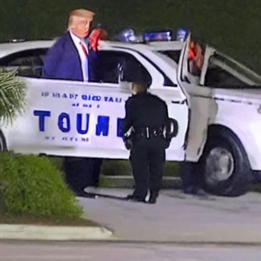 Image similar to Newscast still of Donald Trump being handcuffed and arrested and put into a cop car at mar-a-lago