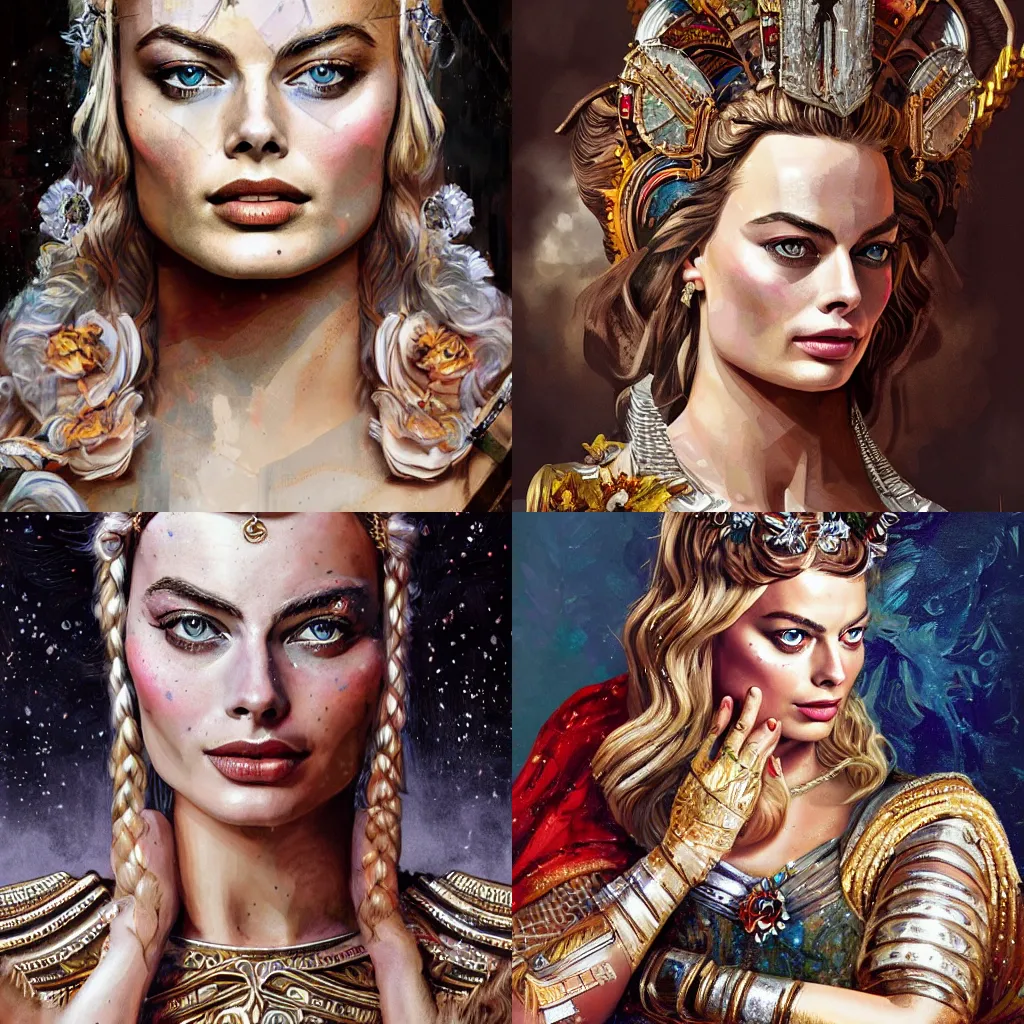 Prompt: Margot Robbie as a Roman Goddess, cute, fantasy, intricate, elegant, highly detailed, digital painting, 4k, HDR, concept art, smooth, sharp focus, illustration, art by Sandra Chevrier