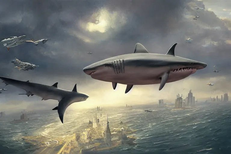 Image similar to a SHARK blimp, steampunk, digital art, extremely detailed, flying over a city, greg rutkowski, cinematic