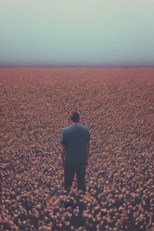 Prompt: agfa vista 4 0 0 photograph of a guy standing in a field of human skulls, back view, synth vibe, vaporwave colors, lens flare, moody lighting, moody vibe, telephoto, 9 0 s vibe, blurry background, grain, tranquil, calm, faded!,