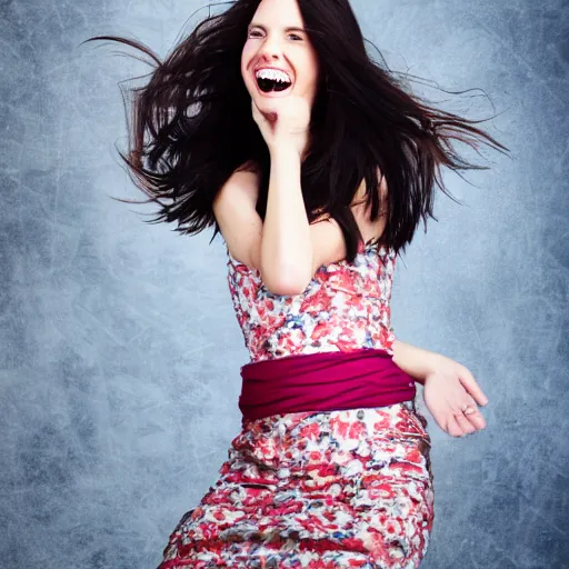 Prompt: a beautiful studio photo portrait of a long haired brunette woman, happy and smiling, dynamic pose