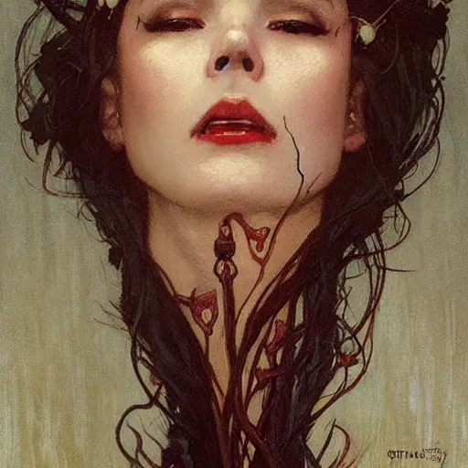 Prompt: portrait of a menacing beautiful vampire, face only, eyes half closed, crying many tears by Stanley Artgerm Lau , greg rutkowski, thomas kindkade, alphonse mucha, loish, norman rockwell, J. C. Leyendecker. hair waving in the wind, pale skin, sinister complexion, thorn crown, imagine bordered by thorns. D&D, fantasy. Trending on artstation rule of thirds extremely detailed illustration hd 4k