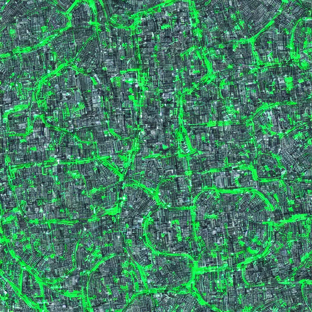 Image similar to satellite view imagery of advanced alien civilisation with large public transport. Green glowing factory. Extreme zoom, housed visible.