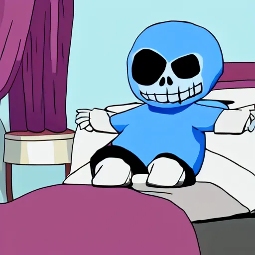 Prompt: Sans Undertale sitting on the edge of the bed, depressed