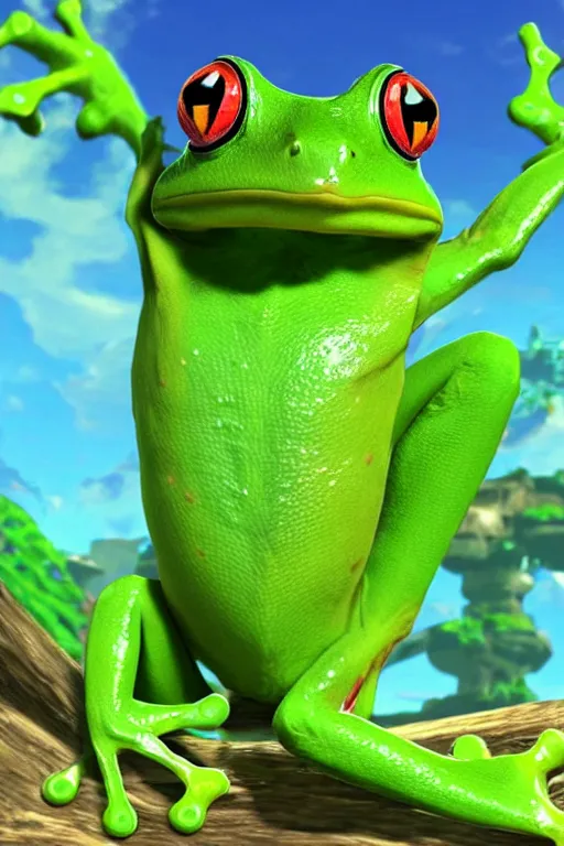 Image similar to in game footage of a green tree frog from the legend of zelda breath of the wild, breath of the wild art style.