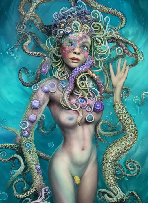 Image similar to A full body shot of a cute and mischievious monster girl wearing an ornate ball gown made of opals and tentacles. Fancy Dress under the sea. Subsurface Scattering. Translucent Skin. Rainbow palette. defined facial features, symmetrical facial features. Opalescent surface. beautiful lighting. By Giger and Ruan Jia and Artgerm and WLOP and William-Adolphe Bouguereau. Photo real. Hyper-real. Photorealism. Fantasy Illustration. Sailor Moon hair. Masterpiece. trending on artstation, featured on pixiv, award winning, cinematic composition, dramatic pose, sharp, details, Hyper-detailed, HD, HDR, 4K, 8K.