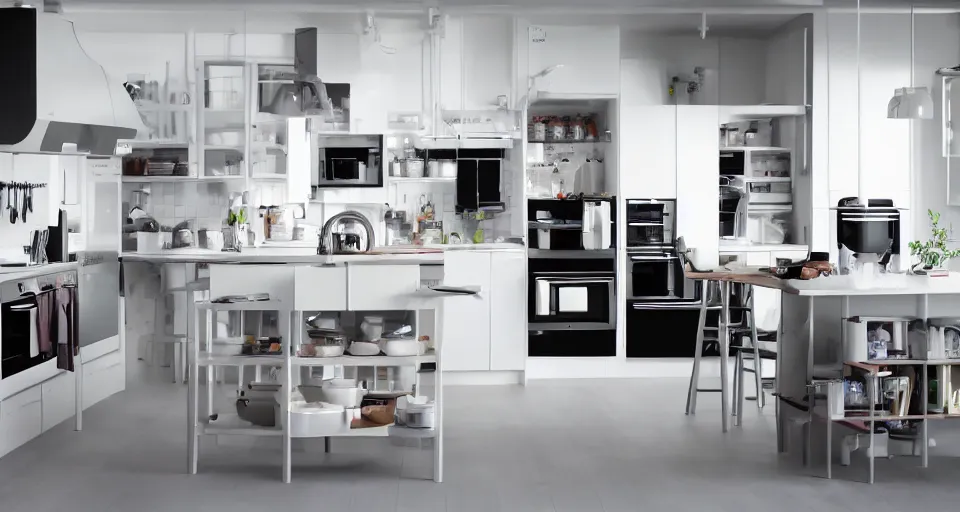 Prompt: IKEA catalogue photo of a cyberpunk kitchen on a spaceship, by Monet