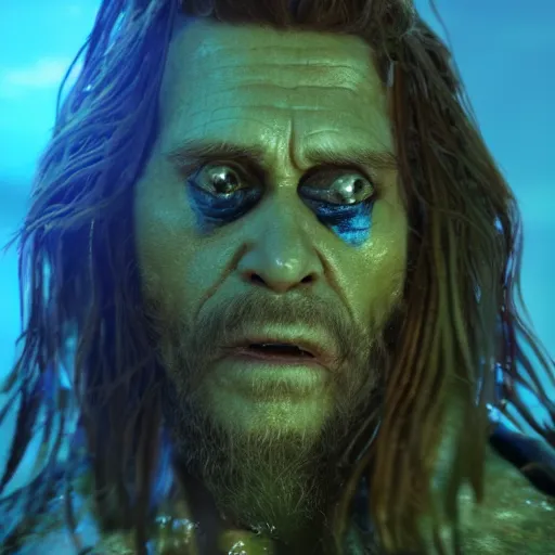 Image similar to Willem Dafoe face, Davy Jones, pirates of the caribbean, octane render, super realistic, portrait shot, under water, light particles, blue and green color