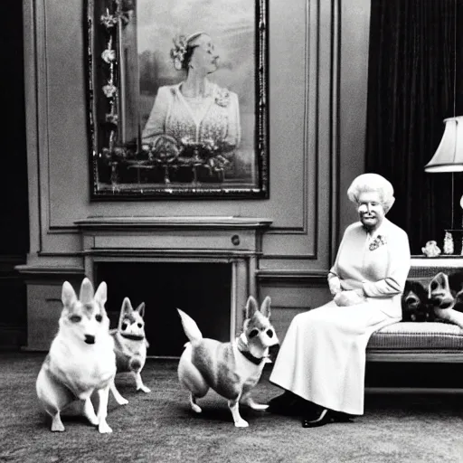 Image similar to historical photo of queen elizabeth having gin martinis with her corgis, the corgis are wearing sweaters, royal palace interior, natural sunlight, soft focus, highly detailed, depth of field