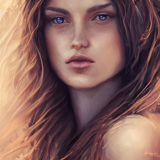 Image similar to centered front face portrait of an attractive young female earth angel, beautiful long brown hair, rocks and stones, intricate, highly detailed, elegant, digital painting, trending on artstation