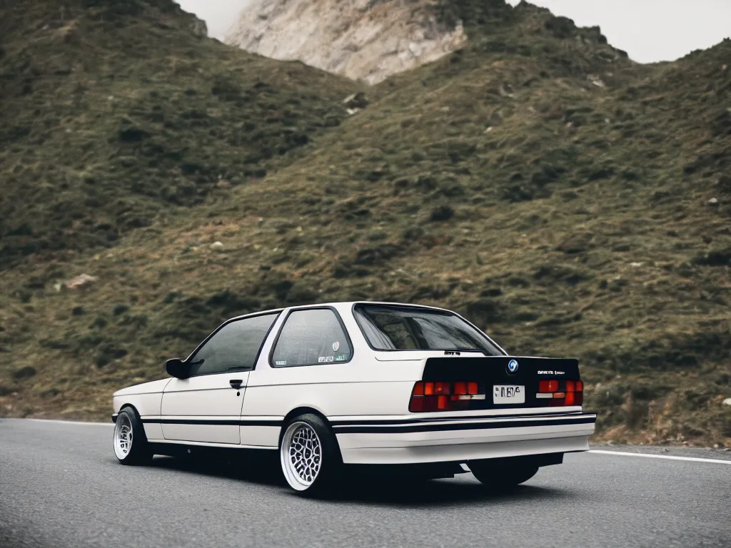 Image similar to a rear shot of a modified bmw e 3 0 with lights on a mountain road, motion blur, 3 5 mm photography, car photography, clean lines, realistic