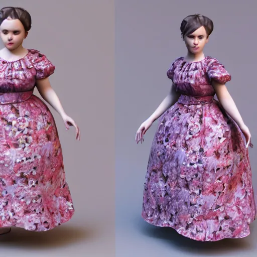 Image similar to the little fat girl is modelling to the camera. flowery dress. wire frame on mesh. 3 d zbrush model. beautiful hands and legs. subsurface scattering shiny skin. beautiful lighting, 4 k post - processing, trending in art station, cg society, highly detailed, 5 k extremely detailed, 3 d. cinematic scene. sharp image