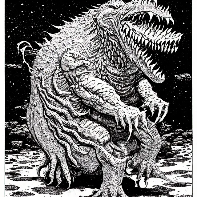 Image similar to オクタロック spitting rocks, as a d & d monster, pen - and - ink illustration, etching, by russ nicholson, david a trampier, larry elmore, 1 9 8 1, hq scan, intricate details, high contrast