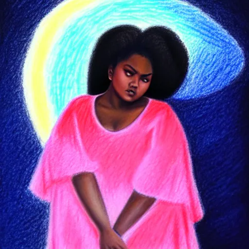 Image similar to crayon drawing of ☁✨🌙👩🏾, plus size woman, soft elegant gown, neon god of city character portrait, in the style of margaret keane, moebius, tom bagshaw, and waterhouse, cinematic lighting, beautiful, elegant, oil painting,