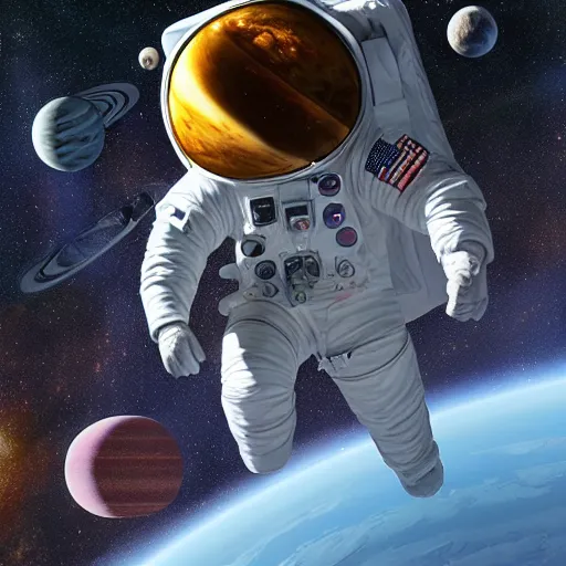 Prompt: giant astronaut floating among the planets in the solar system, oil on canvas, intricate, 8k highly professionally detailed, HDR, CGsociety