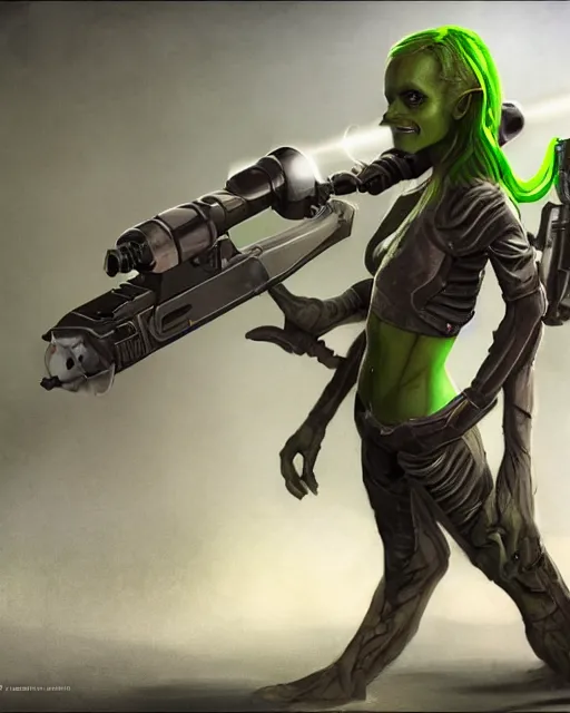 Image similar to futuristic goblin girl holding a laser rifle, sci fi, photorealistic concept art, full body shot, green skin