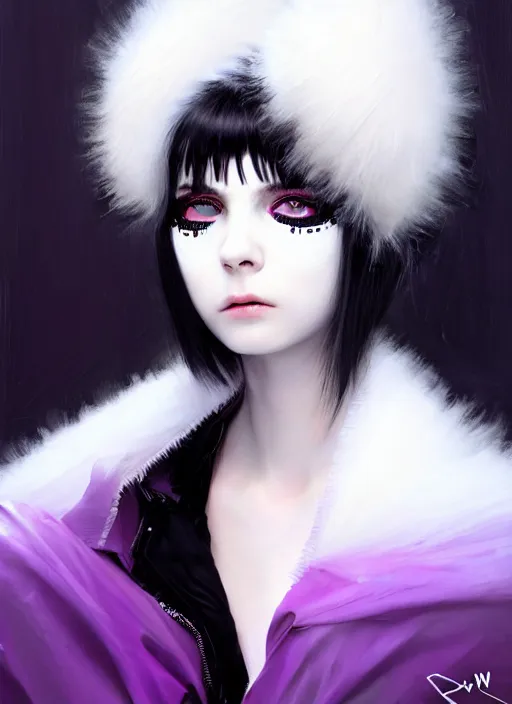 Image similar to whitebangs, black hair, black cyberlox, portrait of normal teenage girl, normal face, white bangs, fluffy bangs, cyberlox, whitebangs, red contact lenses, purple background, intricate, elegant, highly detailed, digital painting, artstation, concept art, sharp focus, smooth, illustration, art by wlop, mars ravelo and greg rutkowski