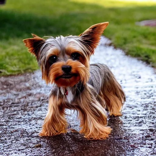 Image similar to a young yorkie dog, playing in the back yard after it rained on a cloudy day, and a kid running around with them, realistic photo