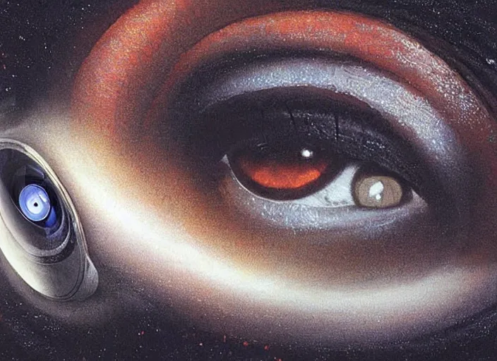 Prompt: cameras with eyes as lenses film a frightened couple embracing by john howe, sci - fi, 2 0 0 1 space odyssey, reimagined by industrial light and magic