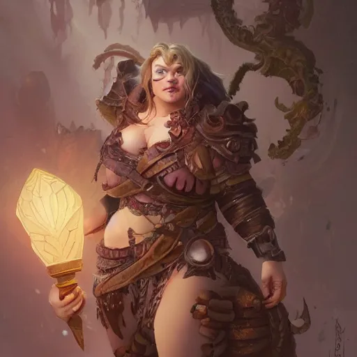 Prompt: cute female ogre, deep focus, d & d, fantasy, intricate, elegant, highly detailed, digital painting, artstation, concept art, matte, sharp focus, illustration, hearthstone, art by artgerm and greg rutkowski and alphonse mucha