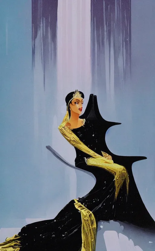 Prompt: an oil painting of a queen in a black funeral dress sitting on a throne, by bruce pennington, by eyvind earle