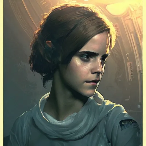 Image similar to Emma Watson in Alien Isolation, intricate, highly detailed, digital painting, artstation, concept art, sharp focus, illustration, art by greg rutkowski and alphonse mucha