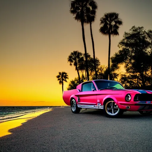 Image similar to long shot of 1967 Ford mustang Shelby GT500 in pink color at sunset in front a beach, 4k, HD Photography