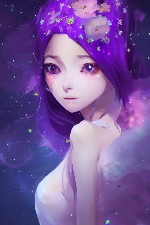 Image similar to 4k detailed portrait of a beautiful intimate woman with long purple cosmic hair and a beautiful flower dress covered in stars, by Ross Tran and Kuvshinov Ilya Anime, volumetric lighting, trending on artstation