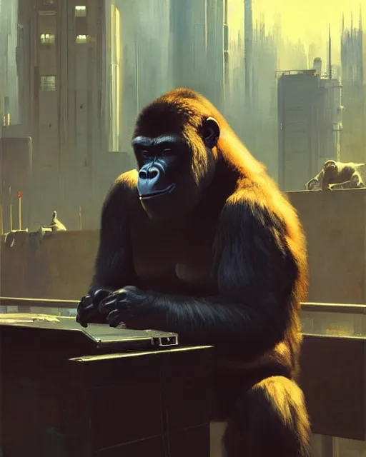 Prompt: cyberpunk gorilla at the computer. sci - fi art by greg rutkowski, gustave courbet, rosa bonheur, edward hopper. faithfully depicted facial expression, perfect anatomy, sharp focus, global illumination, radiant light, detailed and intricate environment, trending on artstation