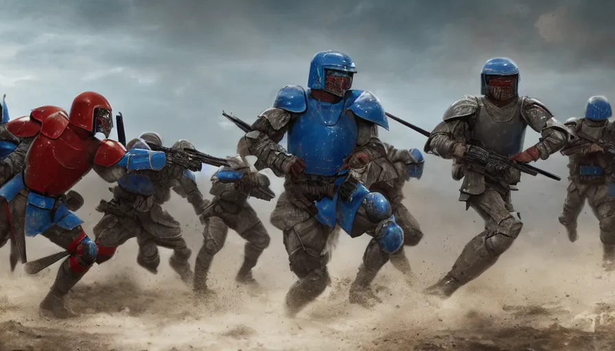 Prompt: mid action shot cinematic artwork of 2 armies, one army wearing blue armor fighting another army wearing red armor on the battlefield by greg rutowski, masterpiece, 4k