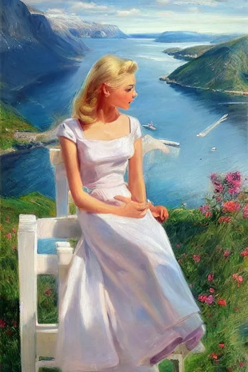 Prompt: 1950s beautiful!!! blonde looking over a Norwegian fjord, aesthetic!!! painting by Vladimir Volegov