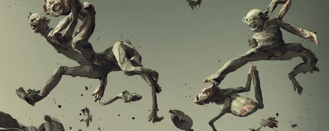 Image similar to duotone olive green grey illustration 3 / 4 portrait of gollum breakdancing wildly on the floor. dynamic chaotic composition accidental renaissance golden ratio. by sachin teng and sergey kolesov and ruan jia and heng z. graffiti art, scifi, fantasy, hyper detailed. octane render. concept art. trending on artstation