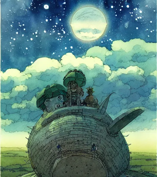 Image similar to hyperrealist studio ghibli watercolor fantasy concept art of an immense ufo from howl's moving castle sitting on stonehenge like a stool. it is a misty starry night. by rebecca guay, michael kaluta, charles vess