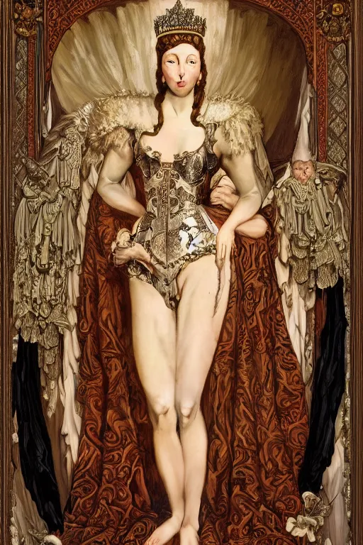 Prompt: very detailed portrait of christine turlington as princess of the dark tattoo world, by jan van eyck, frederic leighton, hajime sorayama, mysticism, intricate, highly ornate dark silvery trim armoury