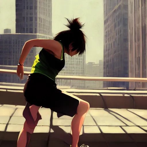 Prompt: a portrait of an asian female parkour runner with a black tank top and white running pants, city setting, vivid colors, soft lighting, atmospheric, cinematic, moody, in the style of Ilya Kuvshinov and Range Murata, Krenz Cushart, rule of thirds, oil on canvas, 8k