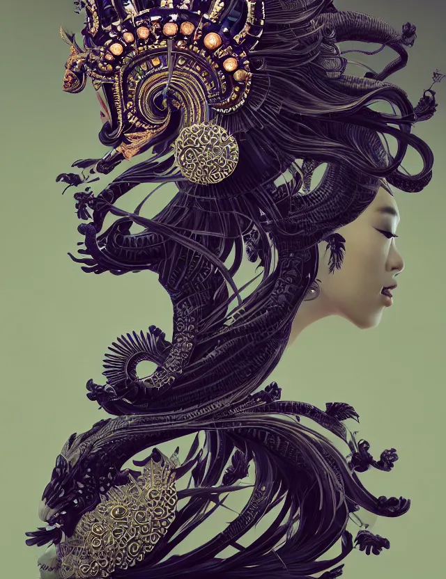 Image similar to 3 d goddess close - up profile portrait with crown, ram skull. beautiful intricately detailed tribal japanese crow kitsune mask and clasical japanese kimono. betta fish, jellyfish phoenix, bio luminescent, plasma, ice, water, wind, creature, artwork by tooth wu and wlop and beeple and greg rutkowski