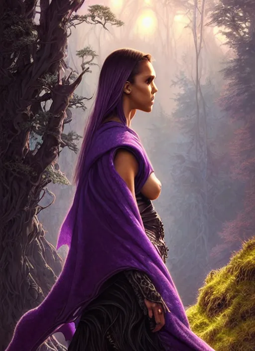 Image similar to portrait jessica alba, adventurer outfit large cloak, fantasy forest landscape, dragon scales, fantasy magic, undercut hairstyle, short purple black fade hair, dark light night, intricate, elegant, sharp focus, illustration, highly detailed, digital painting, concept art, matte, art by wlop and artgerm and greg rutkowski and alphonse mucha, masterpiece