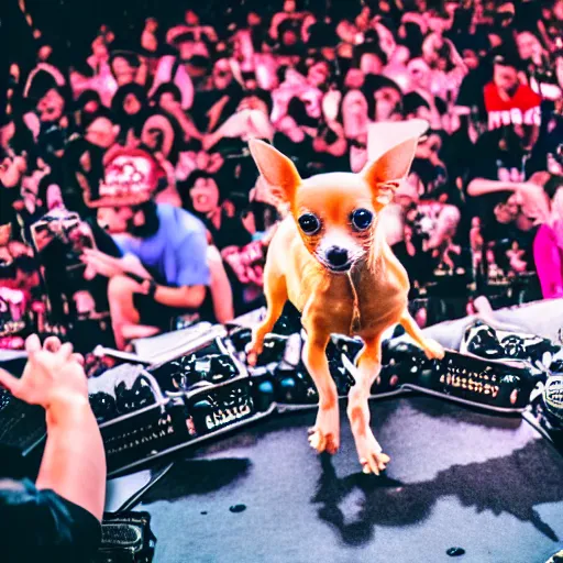 Image similar to a chihuahua performing on stage at a hip hop concert. Dancing out of focus crowd. Cyber stage design. Photograph for a magazine.