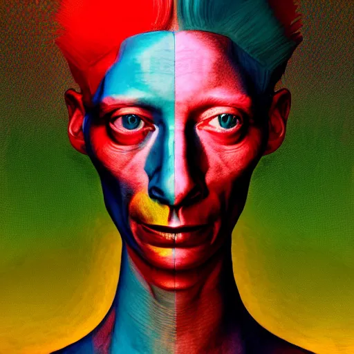 Prompt: a realistic octane render physically based rendering chrome neon tilda swinton, trending on artstation, by archan nair and marlene dumas, intricate details, gilded, in the style of frank auerbach, in the style of martin ansin, in the style of david aja, by kandinsky