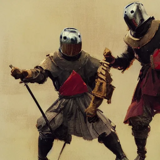 Image similar to portrait of two men wearing gambeson and medieval helmets, fighting, duelling, clashing swords, detailed by greg manchess, craig mullins, bernie fuchs, walter everett