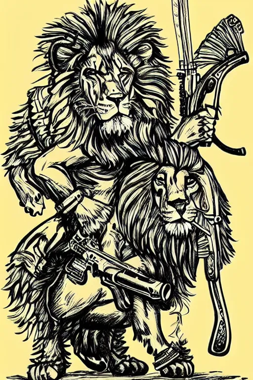 Prompt: lion and an armed hunter, art style ben garrison!!!!!!!!!!!!!!!! drawn by ben garrison, iconic, masterpiece, ornate and detailed, cartoon