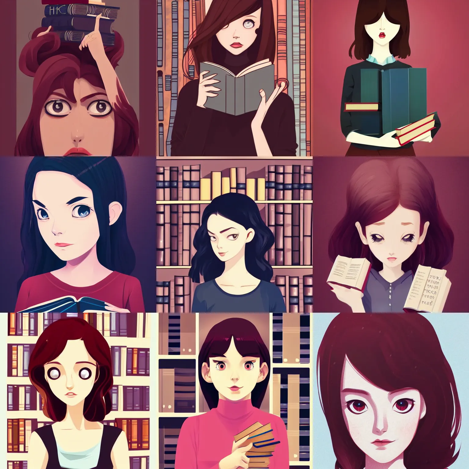 Prompt: woman with dark red hair, big eyes, eyes wide apart, books everywhere, bookstore, clean cel shaded vector art. shutterstock. behance hd by lois van baarle, artgerm, helen huang, by makoto shinkai and ilya kuvshinov, rossdraws, illustration