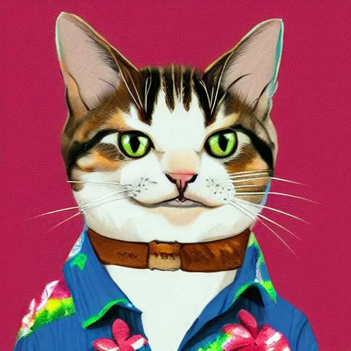 Prompt: a cat wearing a hawaii shirt, digital art, trending on artstation
