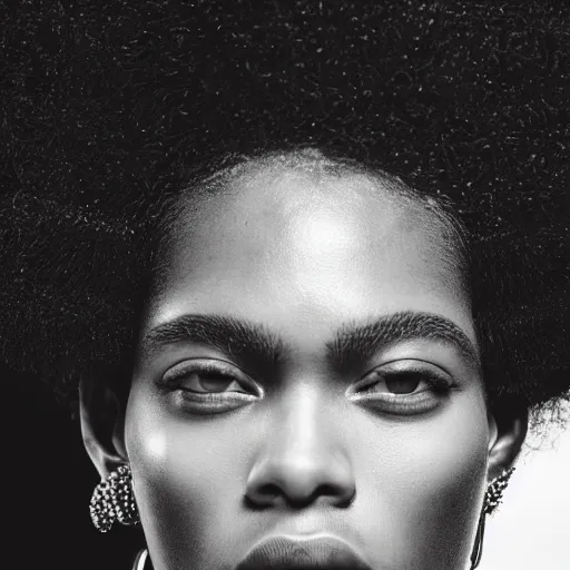 Image similar to close up of face of a black fashion model with large afro at the edge of active etna vulcan, official valentino editorial, highly detailed