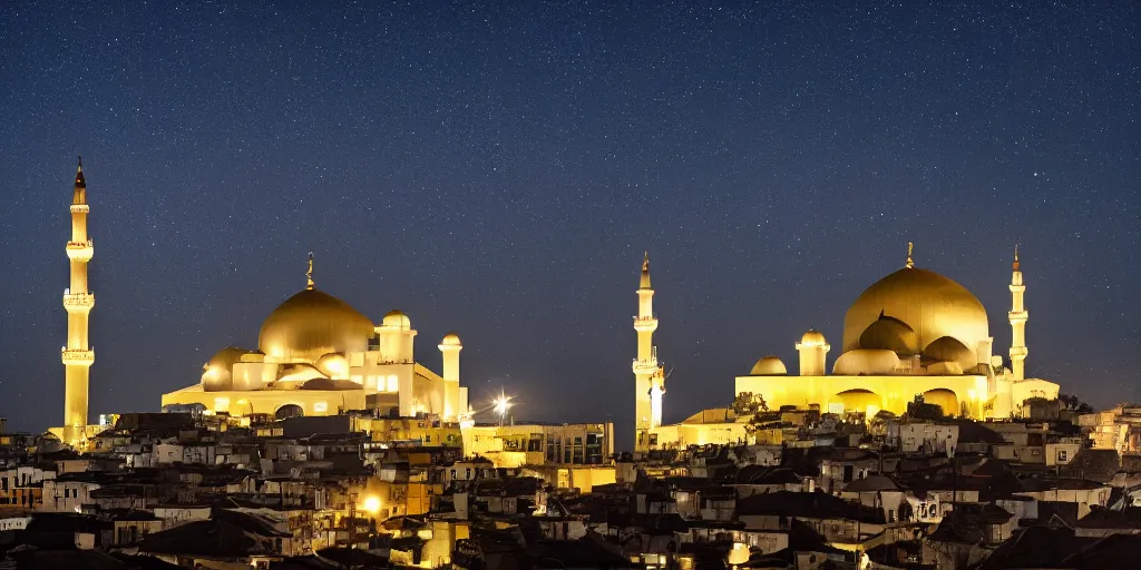 Prompt: stary night, mosque, tower, house, city