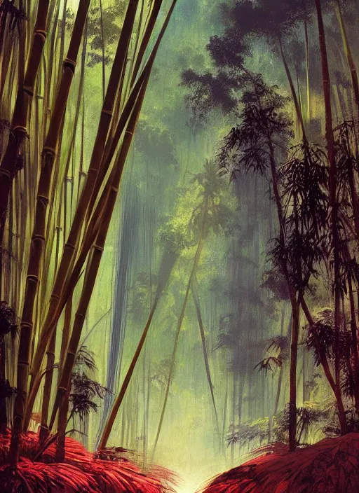 Prompt: bamboo forest, intricate, elegant, highly detailed, vivid colors, john harris, frazetta, sparth, ruan jia, jeffrey catherine jones