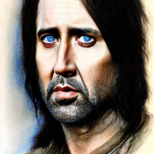 Image similar to portrait of nicolas cage as aragorn, by alan lee, lord of the rings, smooth, detailed terrain, oil painting, matte painting, concept art, trending on artstation, promotional artwork, film still, elegant, photorealistic facial features, intricate, detailed face, cinematic lighting