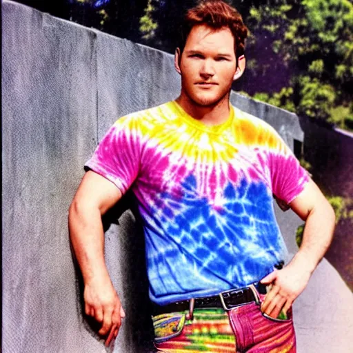 Prompt: chris pratt in a tie dye tshirt with rainbow shorts in the 1 9 6 0 s