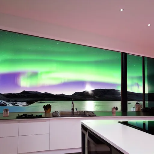 Prompt: Aurora Borealis inside my kitchen, stunning photography