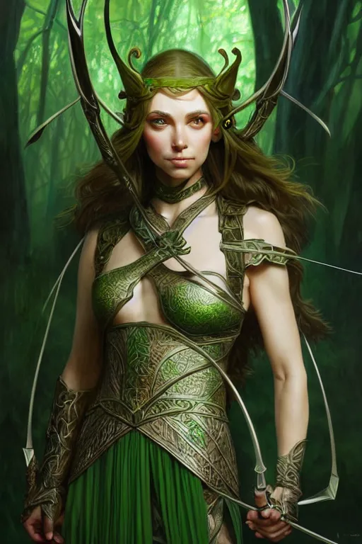 Image similar to male elven Archer armor made of green leaves, fantasy, amber eyes, face, long hair, intricate, elegant, highly detailed, digital painting, artstation, concept art, smooth, sharp focus, illustration, art by artgerm and greg rutkowski and alphonse mucha